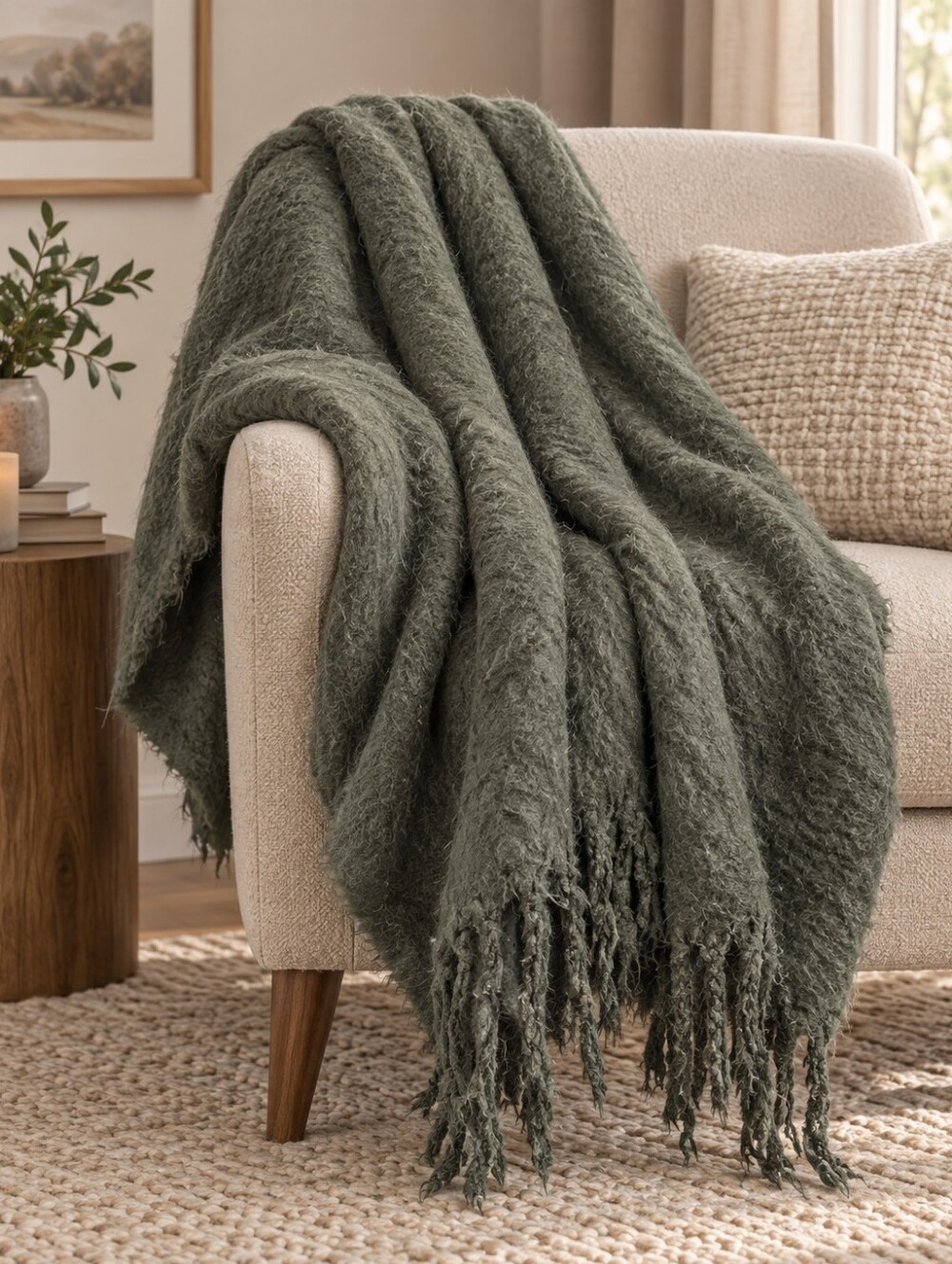 Pottery Barn Olive Green Fringed Throw Blanket Oversized 50x70in Cozy Home Fall